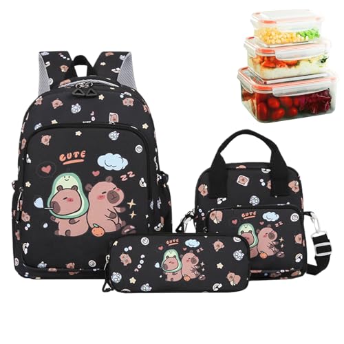 Ghjkldha Capybara Rucksack, Cartoon-Büchertaschen-Set, bezaubernder Rucksack mit Lunchtasche und Federmäppchen, leichtes süßes Design, 3-teiliges Set für Mädchen, Kinder, Schule, Reisen, Outdoor von Ghjkldha