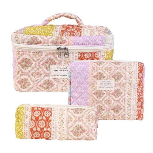Süße Blumen-Make-up-Tasche,Blumen-Make-up-Tasche, 3 Stück Hautpflegebeutel, Niedliche Baumwoll-Make-up-Pinsel-Aufbewahrungstasche, Blumen-Reise-Kulturbeutel, Organizer, ästhetisch, für Frauen von Ghjkldha