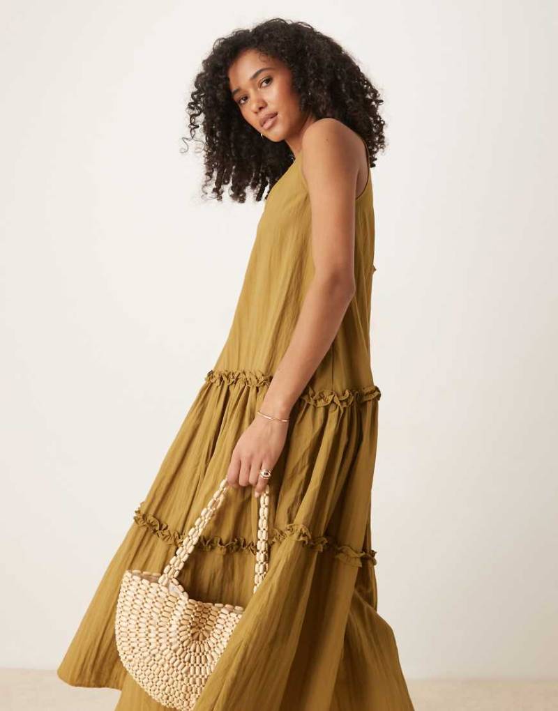 Ghospell - Gestuftes Midaxi-Kleid in Oliv mit Rüschen-Grün von Ghospell