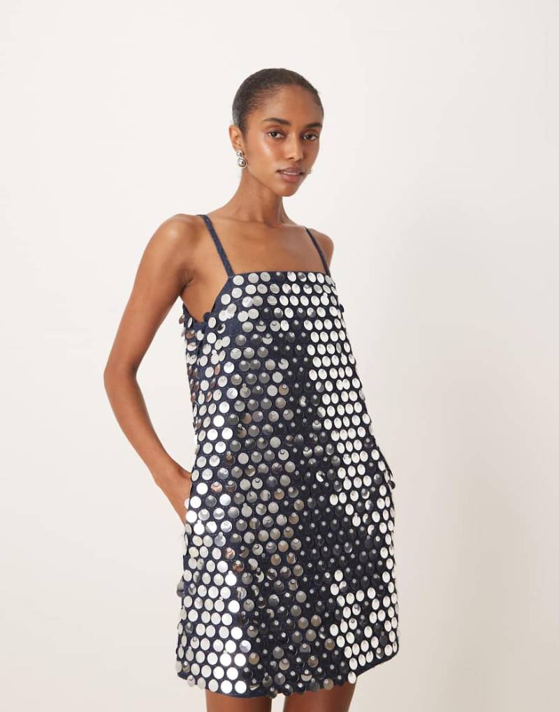 Ghospell - Kurzes Etui-Kleid aus Denim mit Pailletten in Silberoptik-Grün von Ghospell