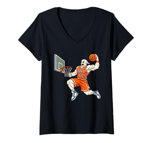 Damen Ghost Playing Basketball Dunk Lustiges Halloween-Kostüm Sport T-Shirt mit V-Ausschnitt Damen Ghost Playing Basketball Dunk Lustiges Halloween-Kostüm Sport T-Shirt mit V-Ausschnitt von Ghost Basket Player Dunking Outfit