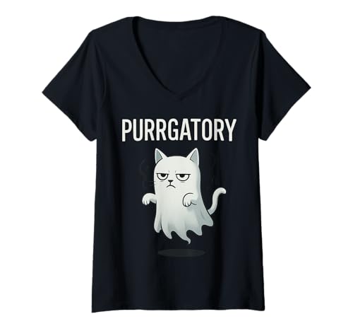 Damen Purrgatory Ghost Cat Gruselige Halloween Kitty Lover Feline Wortspiel T-Shirt mit V-Ausschnitt Damen Purrgatory Ghost Cat Gruselige Halloween Kitty Lover Feline Wortspiel T-Shirt mit V-Ausschnitt von Ghost Cat Funny Halloween Purrgatory Gift