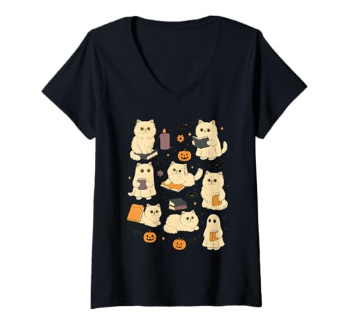 Damen Ghost Persian Cat liest Bücherliebhaber Bookish Halloween T-Shirt mit V-Ausschnitt Damen Ghost Persian Cat liest Bücherliebhaber Bookish Halloween T-Shirt mit V-Ausschnitt von Ghost Cat Reading Spooky Book Lover Halloween