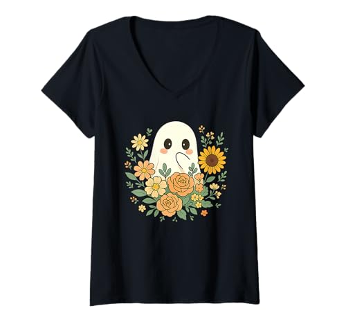 Damen Niedlicher erstaunter Geist mit floralem Cottagecore Halloween-Kunst T-Shirt mit V-Ausschnitt Damen Niedlicher erstaunter Geist mit floralem Cottagecore Halloween-Kunst T-Shirt mit V-Ausschnitt von Ghost Cottagecore Garden Shop