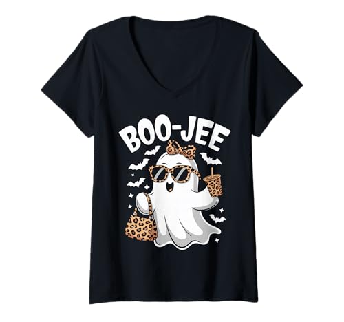 Damen Coquette Leopard Ghost Coffee Boo-JEE Halloween Boujee Ghost T-Shirt mit V-Ausschnitt Damen Coquette Leopard Ghost Coffee Boo-JEE Halloween Boujee Ghost T-Shirt mit V-Ausschnitt von Ghost Drink Coffee Halloween Leopard Ghost Womens.