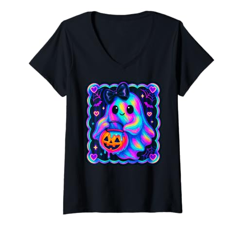 Damen Niedlicher Kawaii-Geist mit Schleife und funkelndem Halloween-Herzkern T-Shirt mit V-Ausschnitt Damen Niedlicher Kawaii-Geist mit Schleife und funkelndem Halloween-Herzkern T-Shirt mit V-Ausschnitt von Ghost Girl Aesthetic