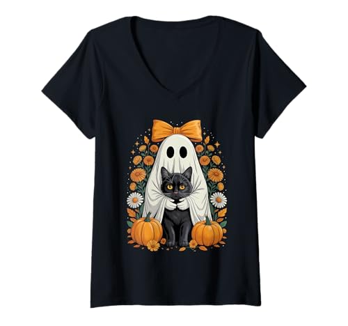 Damen Halloween-Kostüm im Vintage-Stil mit Ghost, Schwarze Katze, Blumenmuster T-Shirt mit V-Ausschnitt Damen Halloween-Kostüm im Vintage-Stil mit Ghost, Schwarze Katze, Blumenmuster T-Shirt mit V-Ausschnitt von Ghost Halloween Apparel Spooky Season Gifts