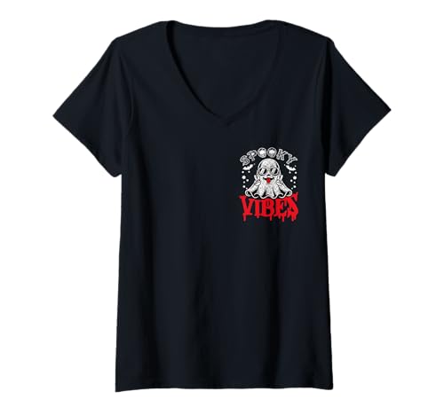 Damen Ghost Halloween Spooky Vibes Lustiges Halloween im Taschenformat T-Shirt mit V-Ausschnitt Damen Ghost Halloween Spooky Vibes Lustiges Halloween im Taschenformat T-Shirt mit V-Ausschnitt von Ghost Halloween Spooky Vibes Pocket Halloween