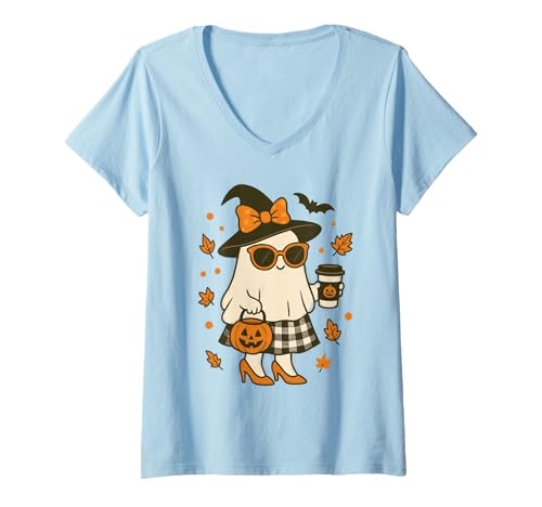 Damen Niedlicher Geist mit Kürbissen, Halloween, Damen, Herren, Kinder T-Shirt mit V-Ausschnitt Damen Niedlicher Geist mit Kürbissen, Halloween, Damen, Herren, Kinder T-Shirt mit V-Ausschnitt von Ghost Halloween Tshirt Kids Boys Girls