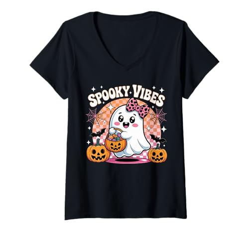 Damen Lustiger süßer Geist Halloween mit Kürbissen Gruseliges Halloween T-Shirt mit V-Ausschnitt Damen Lustiger süßer Geist Halloween mit Kürbissen Gruseliges Halloween T-Shirt mit V-Ausschnitt von Ghost Halloween with Pumpkins Spooky Costume Gifts