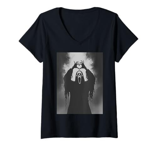 Damen Ghost Heart Hands Gruseliges Gesicht Horror Poster Halloween T-Shirt mit V-Ausschnitt Damen Ghost Heart Hands Gruseliges Gesicht Horror Poster Halloween T-Shirt mit V-Ausschnitt von Ghost Heart Hands