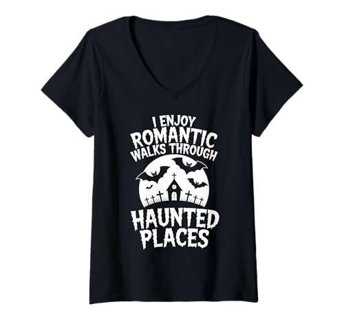 Damen Ich genieße romantische Spaziergänge durch verwunschene Orte, Geisterjagd T-Shirt mit V-Ausschnitt Damen Ich genieße romantische Spaziergänge durch verwunschene Orte, Geisterjagd T-Shirt mit V-Ausschnitt von Ghost Hunter Fun Paranormal Researcher Design