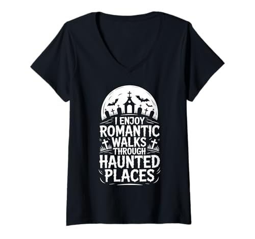 Damen Ich genieße romantische Spaziergänge durch verwunschene Orte, Geisterjagd T-Shirt mit V-Ausschnitt Damen Ich genieße romantische Spaziergänge durch verwunschene Orte, Geisterjagd T-Shirt mit V-Ausschnitt von Ghost Hunter Funny Paranormal Researcher Design