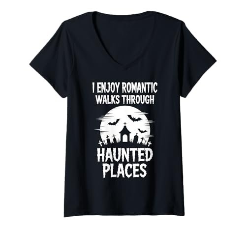 Damen Ich genieße romantische Spaziergänge durch verwunschene Orte, Geisterjagd T-Shirt mit V-Ausschnitt Damen Ich genieße romantische Spaziergänge durch verwunschene Orte, Geisterjagd T-Shirt mit V-Ausschnitt von Ghost Hunter Funny Paranormal Researcher Designs