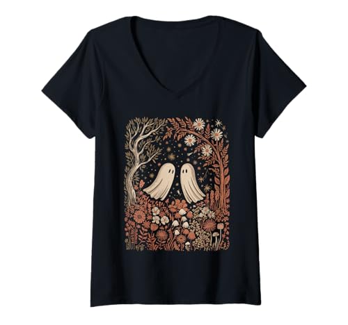 Damen Ghost In The Flower Forest Halloween Spooky Season Vintage T-Shirt mit V-Ausschnitt Damen Ghost In The Flower Forest Halloween Spooky Season Vintage T-Shirt mit V-Ausschnitt von Ghost In The Flower Forest Spooky Halloween