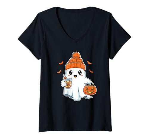 Damen Süße Halloween-Geister-Mütze „Boo with Pumpkin Spice Latte“ T-Shirt mit V-Ausschnitt Damen Süße Halloween-Geister-Mütze „Boo with Pumpkin Spice Latte“ T-Shirt mit V-Ausschnitt von Ghost Loves Latte