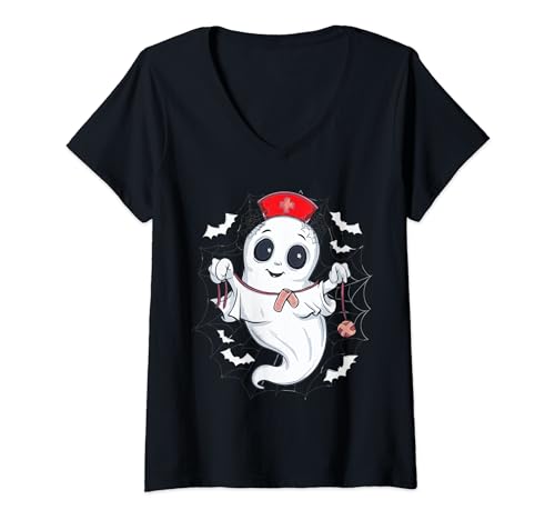 Damen Krankenschwester Geist Scrub Halloween Kostüm für lustige gruselige Pflege T-Shirt mit V-Ausschnitt Damen Krankenschwester Geist Scrub Halloween Kostüm für lustige gruselige Pflege T-Shirt mit V-Ausschnitt von Ghost Nurses Halloween bats and delicate spider