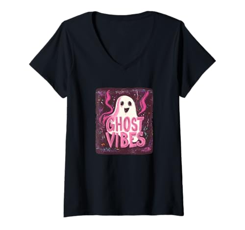 Damen Lustiges Ghost Vibes Kostüm für Jungen und Mädchen T-Shirt mit V-Ausschnitt Damen Lustiges Ghost Vibes Kostüm für Jungen und Mädchen T-Shirt mit V-Ausschnitt von Ghost Outfit
