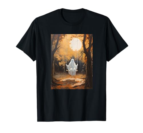 Ghost On A Swing In Forest Gothic Bettlaken Ghost T-Shirt von Ghost Painting Gothic Fall Halloween Tee Men Women