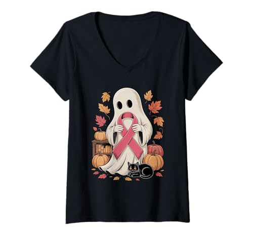 Damen Halloween-Geist im Retro-Look mit pinkem Band zum Thema Krebs T-Shirt mit V-Ausschnitt Damen Halloween-Geist im Retro-Look mit pinkem Band zum Thema Krebs T-Shirt mit V-Ausschnitt von Ghost Pink Ribbon Cancer Awareness Co