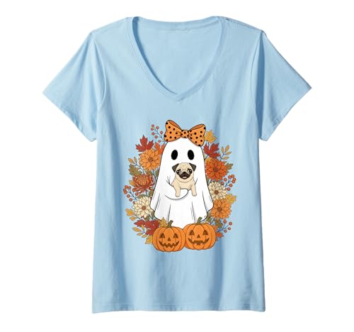 Damen Vintage Halloween Ghost Holding Pug Groovy Floral T-Shirt mit V-Ausschnitt Damen Vintage Halloween Ghost Holding Pug Groovy Floral T-Shirt mit V-Ausschnitt von Ghost Pug Lovers Apparel