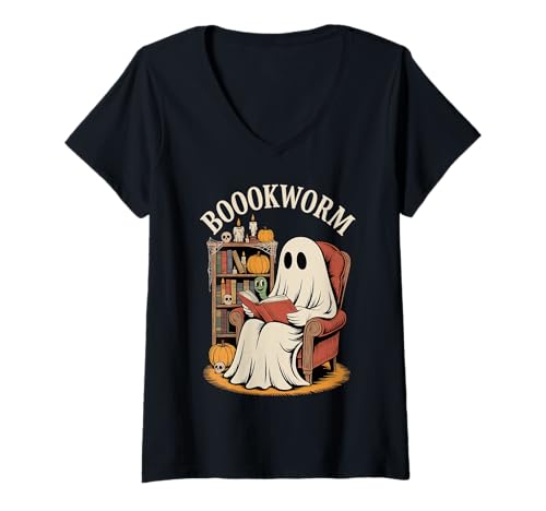 Damen Bücherlesebuch im Retro-Stil, Ghost, Halloween-Lehrer, Bibliothekar T-Shirt mit V-Ausschnitt Damen Bücherlesebuch im Retro-Stil, Ghost, Halloween-Lehrer, Bibliothekar T-Shirt mit V-Ausschnitt von Ghost Reading Book Club Co