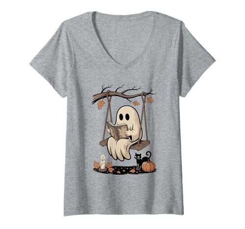 Damen Retro-Geist liest Bücher draußen Swinging Halloween Ghost T-Shirt mit V-Ausschnitt Damen Retro-Geist liest Bücher draußen Swinging Halloween Ghost T-Shirt mit V-Ausschnitt von Ghost Reading Book Club Co