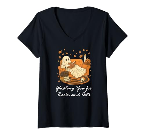 Damen Ghosting for Books Lover Fall Black Cat Cute Ghost Reading T-Shirt mit V-Ausschnitt Damen Ghosting for Books Lover Fall Black Cat Cute Ghost Reading T-Shirt mit V-Ausschnitt von Ghost Reading Tumbler,Black Cat Ghost Book Shirt