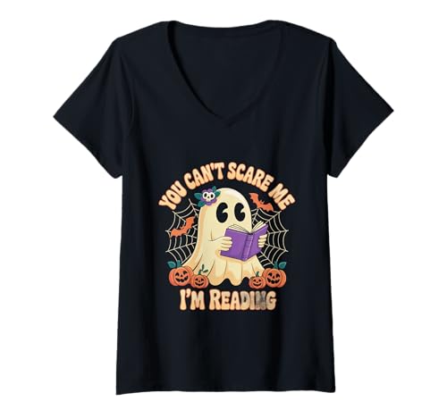 Damen Retro Ghost Memes Halloween You Can't Scare Me I'm Reading T-Shirt mit V-Ausschnitt Damen Retro Ghost Memes Halloween You Can't Scare Me I'm Reading T-Shirt mit V-Ausschnitt von Ghost Shirts You Can’t Scare Me I’m Reading Shirt