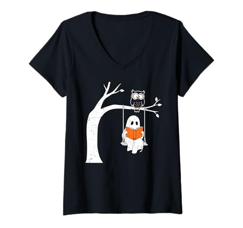 Damen Ghost Swing Shirt Eule Lesebaum niedlich gruselig T-Shirt mit V-Ausschnitt Damen Ghost Swing Shirt Eule Lesebaum niedlich gruselig T-Shirt mit V-Ausschnitt von Ghost Swing Tee Shirts for Bookish Halloween Fans