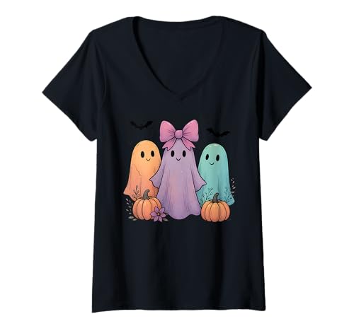Damen Ghost Shirt mit rosa Schleife, Kürbisblüte, gruselig T-Shirt mit V-Ausschnitt Damen Ghost Shirt mit rosa Schleife, Kürbisblüte, gruselig T-Shirt mit V-Ausschnitt von Ghost Tee Shirts for Cute Halloween Girls