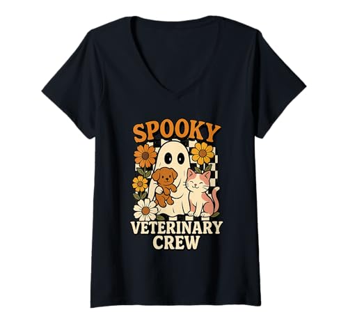 Damen Süßes gruseliges Tierarztteam von Vet Tech für Halloween T-Shirt mit V-Ausschnitt Damen Süßes gruseliges Tierarztteam von Vet Tech für Halloween T-Shirt mit V-Ausschnitt von Ghost With Dog Cat Funny Veterinarian Halloween