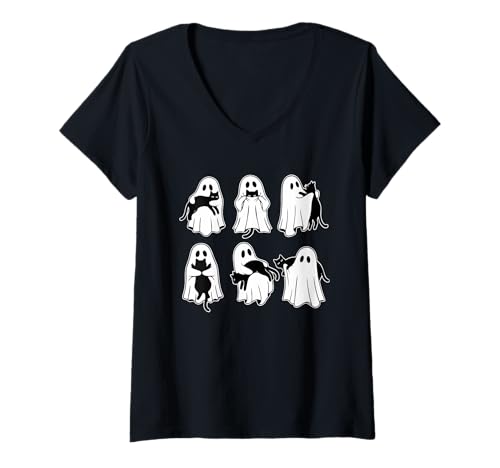Damen Halloween-Geisterkatze, gruselige Jahreszeit, Retro-Stil, schwarzer Katzenliebhaber T-Shirt mit V-Ausschnitt Damen Halloween-Geisterkatze, gruselige Jahreszeit, Retro-Stil, schwarzer Katzenliebhaber T-Shirt mit V-Ausschnitt von Ghost and Black Cat Halloween Cute Costume