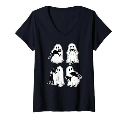 Damen Boo Ghost Pet Schwarze Katze Halloween Ghost Cat Lover Herbst niedlich T-Shirt mit V-Ausschnitt Damen Boo Ghost Pet Schwarze Katze Halloween Ghost Cat Lover Herbst niedlich T-Shirt mit V-Ausschnitt von Ghost and Cat Halloween cute costume