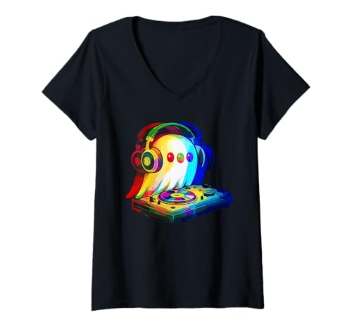 Damen Ghost Trippy Vaporwave EDM-Musik für Halloween mit optischer Täuschung T-Shirt mit V-Ausschnitt Damen Ghost Trippy Vaporwave EDM-Musik für Halloween mit optischer Täuschung T-Shirt mit V-Ausschnitt von Ghost trippy vaporwave shirt