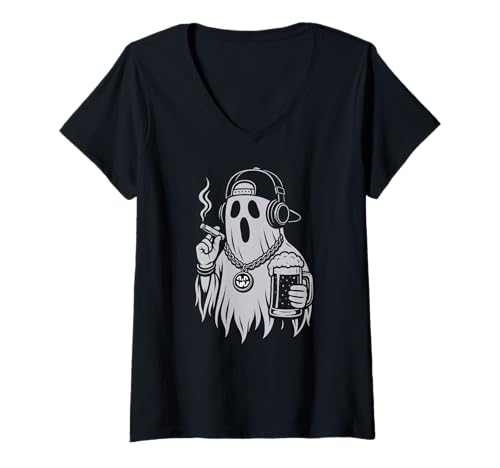 Damen Ghost Beer Halloween Zigarette Hip Hop Männer Frauen T-Shirt mit V-Ausschnitt von GhostAxis1