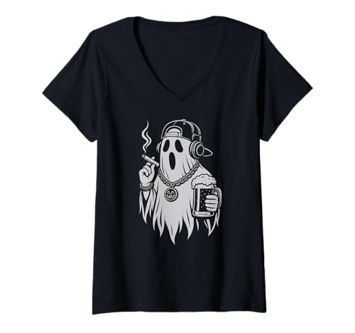 Damen Ghost Beer Zigarette Halloween Hip Hop Männer Frauen T-Shirt mit V-Ausschnitt von GhostAxis1
