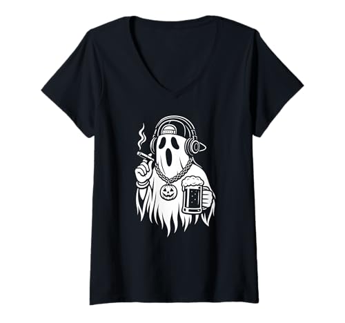 Damen Ghost Halloween Bier Zigarette Hip Hop Männer Frauen T-Shirt mit V-Ausschnitt Damen Ghost Halloween Bier Zigarette Hip Hop Männer Frauen T-Shirt mit V-Ausschnitt von GhostAxis1