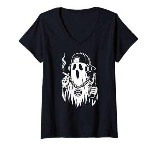 Damen Ghost Halloween Bier Zigarette Hip Hop Männer Frauen T-Shirt mit V-Ausschnitt von GhostAxis1