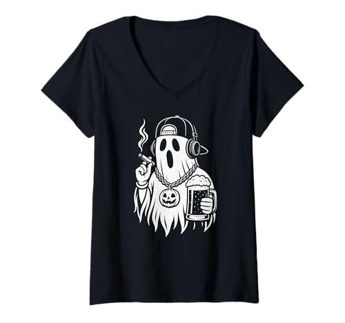 Damen Ghost Halloween Bier Zigarette Hip Hop Männer Frauen T-Shirt mit V-Ausschnitt von GhostAxis1