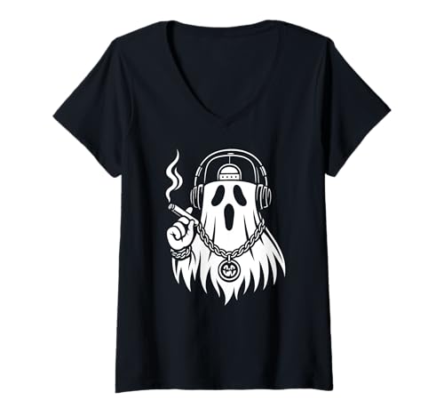 Damen Ghost Halloween Musik Zigarette Hip Hop Männer Frauen T-Shirt mit V-Ausschnitt von GhostAxis1