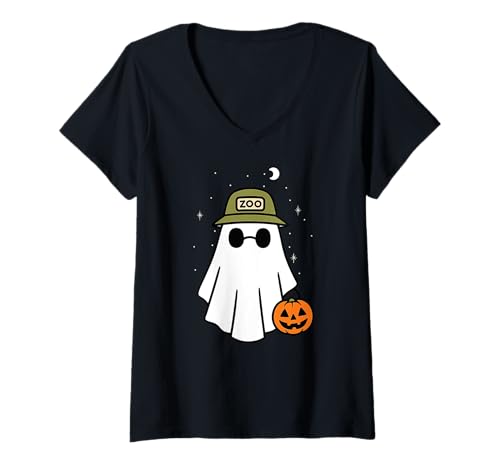 Damen Ghost Halloween Zoo Keeper Kürbis Jungen Mädchen Kinder T-Shirt mit V-Ausschnitt von GhostAxis1