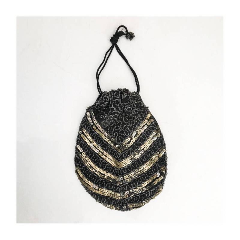 1920S Art Deco Reticule Betteltasche/Antik Perlen Kordelzug Tasche Vintage Satchel Sack Gold Pailletten & Microbeaded Handmade in Belgium von GhostRabbitsVintage
