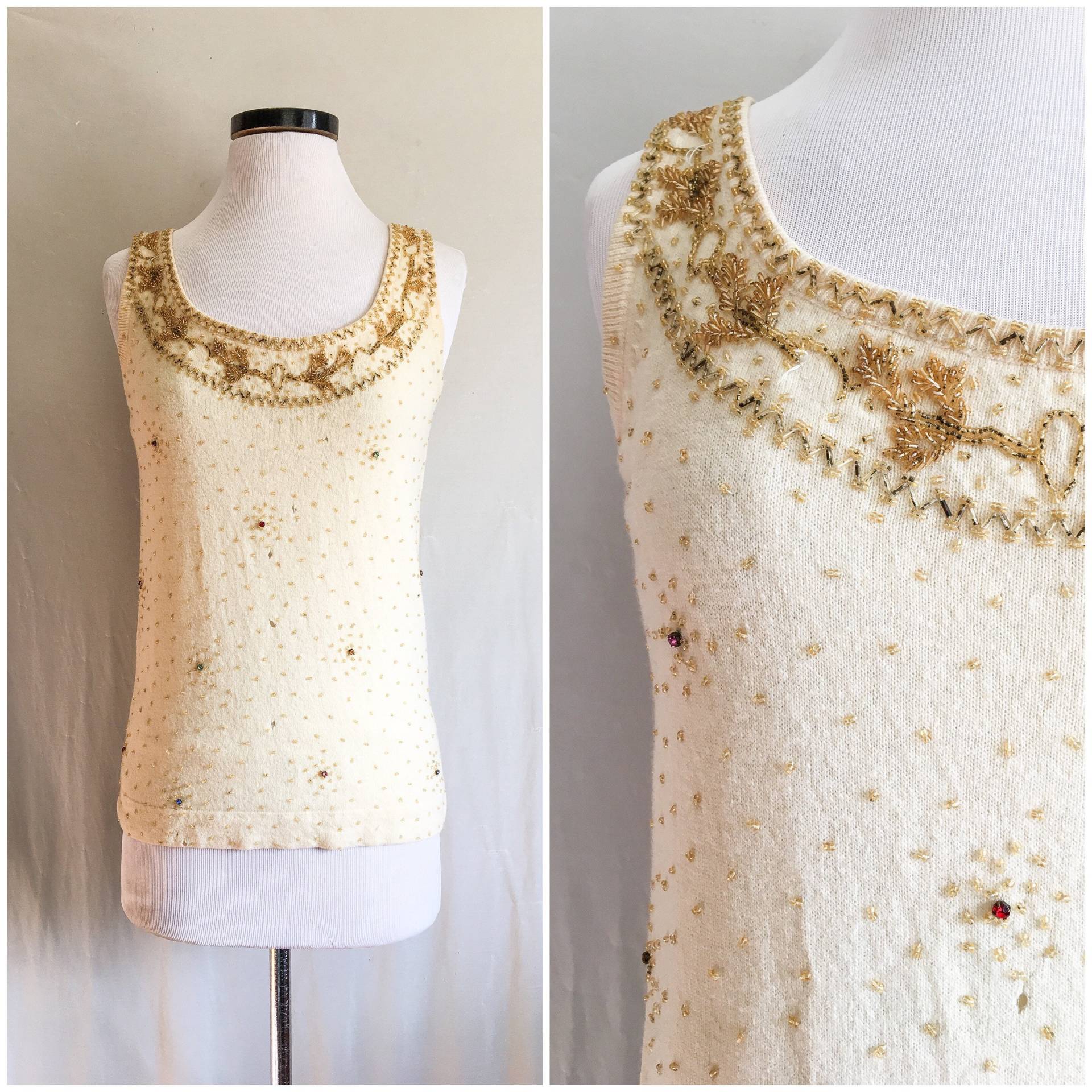 1960Er Strass Pullover // 60Er Jahre Designer Marchesa Angora Lambswool Voll Gefüttertes Top Mid Century Verschönerter Cocktail von GhostRabbitsVintage