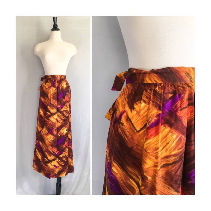 Vintage Abstrakte Wrap Rock/Hohe Taille Maxi Orange & Lila Herbst Modernist Medium Large von GhostRabbitsVintage