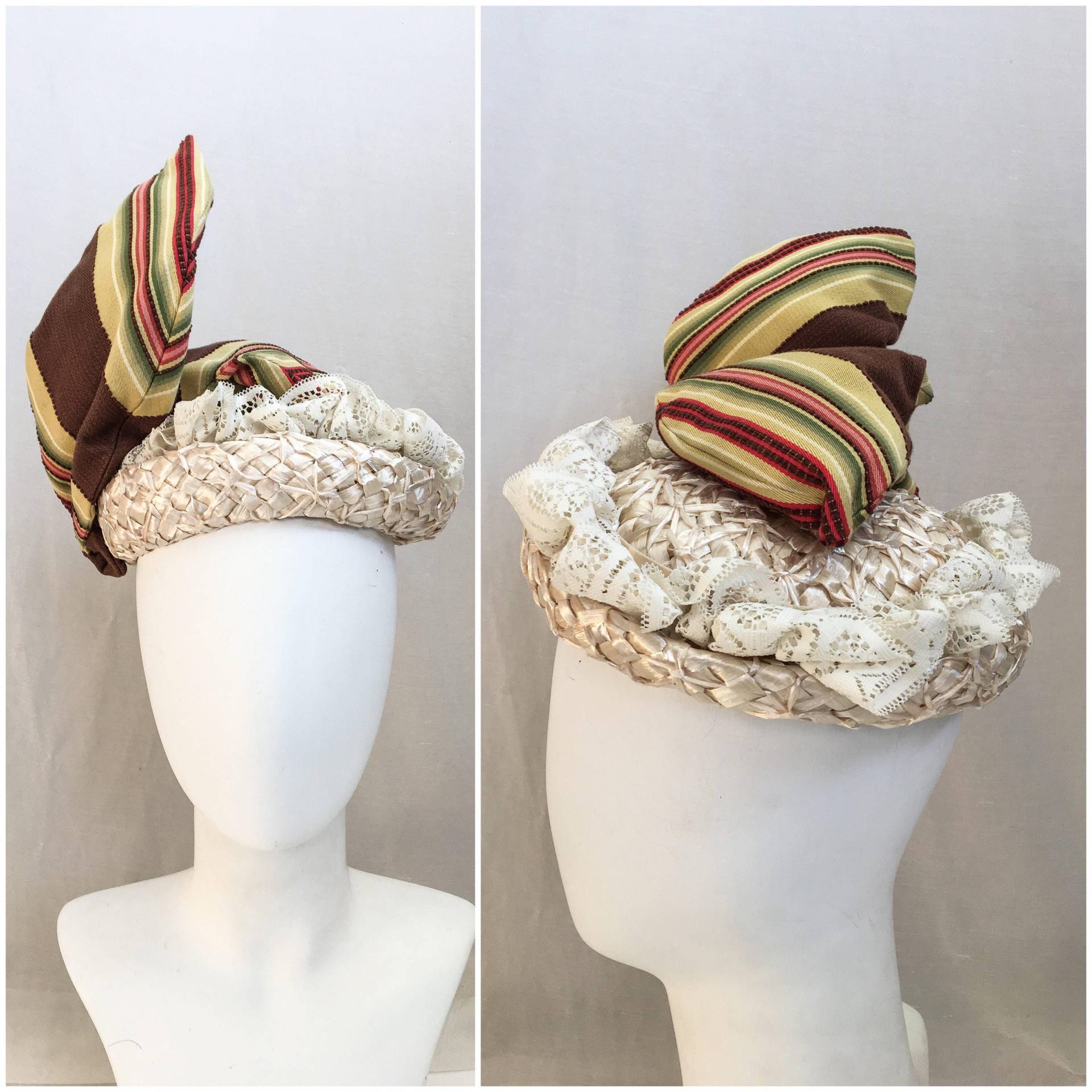 Vintage Hut // 1950Er - 1960Er Jahre 1800Er Michelle Strohhut Mit Zusätzlicher Spitze & Abnehmbarem Beweglichem Stoff Bezogen Flügel Design von GhostRabbitsVintage