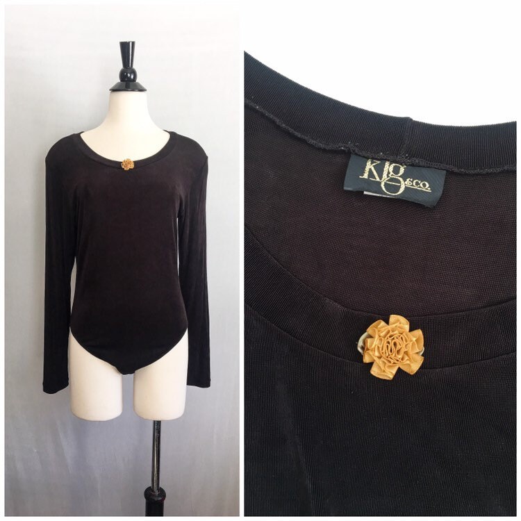 Vintage Trikot Top/80Er Jahre 90Er Klg & Co Schwarz Slinky Lycra Overall Drape Body Langarm Bluse W Pfirsich Rose Sz Medium von GhostRabbitsVintage