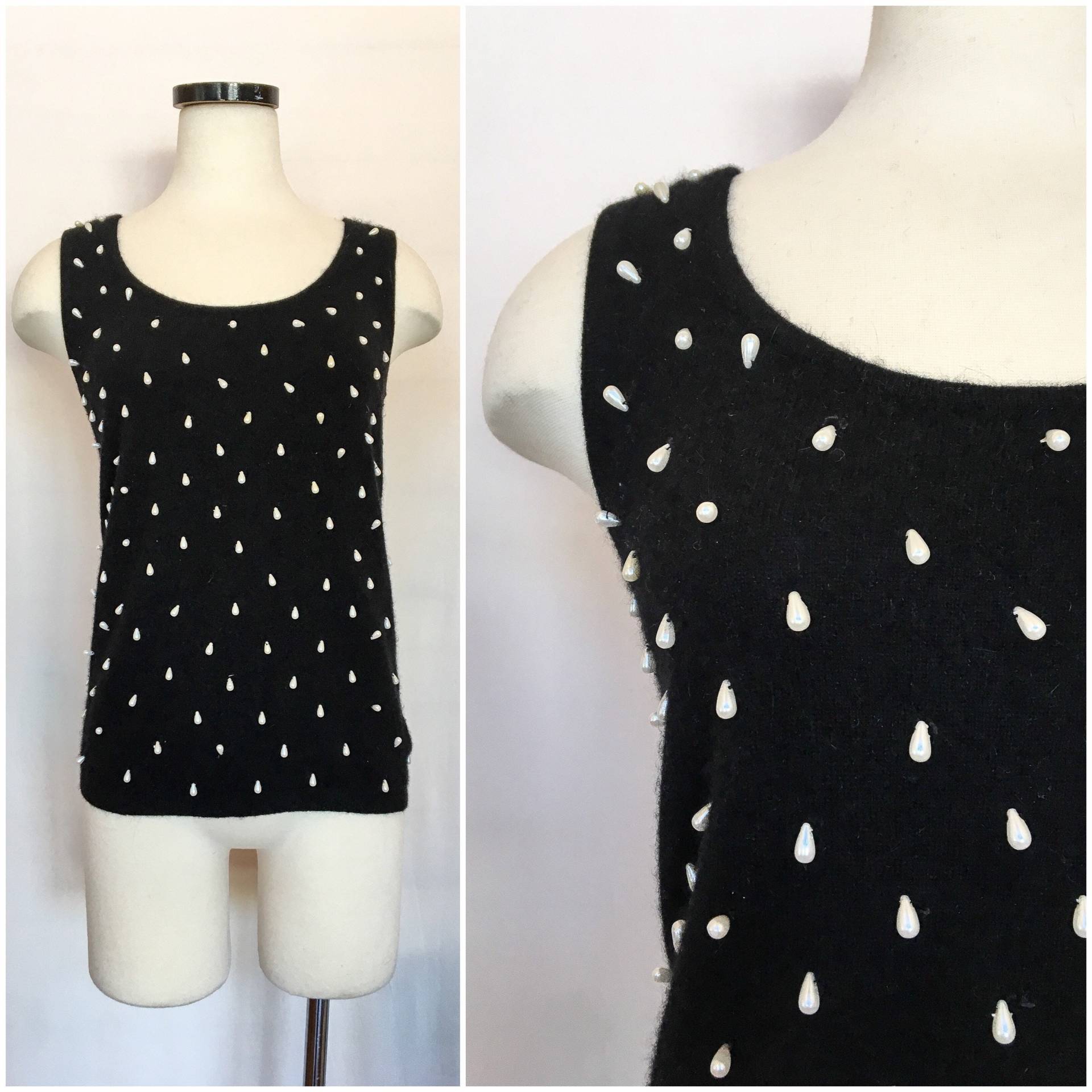 Vtg Perlen Pullover/Schwarzes Weiches Angora Lammwolle & Perlenverzierung 80Er 90Er Weißer Hirsch Lammswolle Tank Gr Medium von GhostRabbitsVintage
