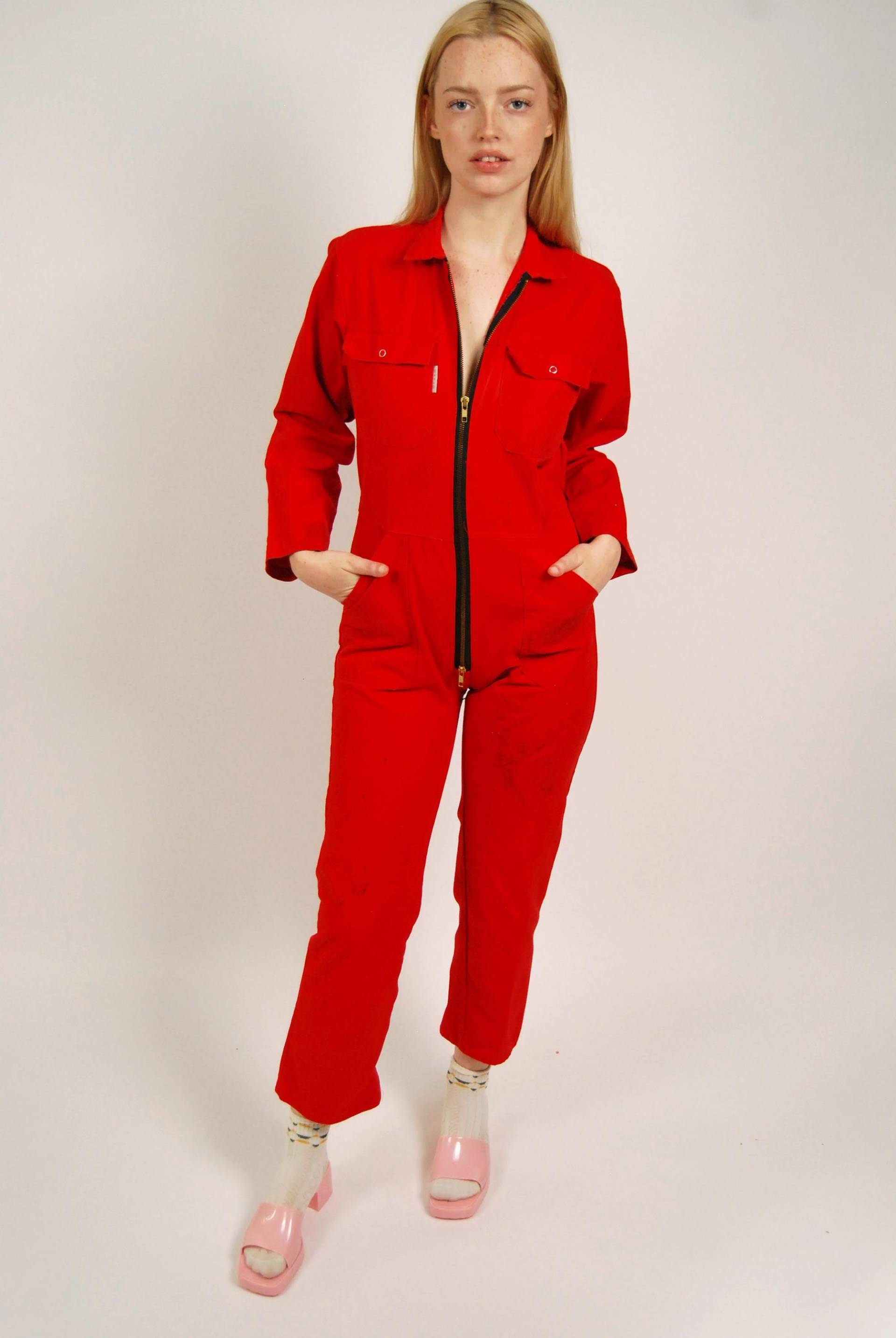 70Er Jahre Workwear Jumpsuit | S Roter Kleiner Overall Vintage von GhostVintageClothing
