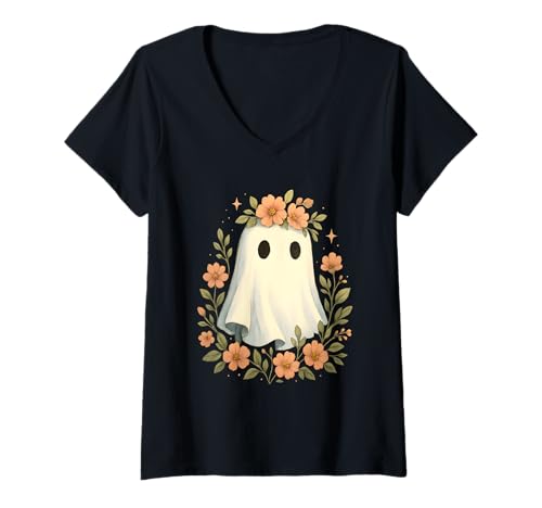 Damen Niedlicher Halloween-Geist mit Blumen, Pastellkunst-Design T-Shirt mit V-Ausschnitt Damen Niedlicher Halloween-Geist mit Blumen, Pastellkunst-Design T-Shirt mit V-Ausschnitt von Ghostcore Cottage Bloom Apparel